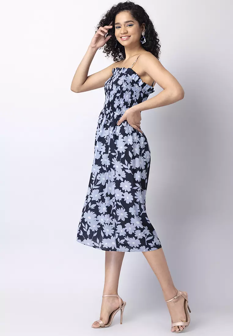 Buy FabAlley Navy Floral Smocked Strappy Midi Dress Online