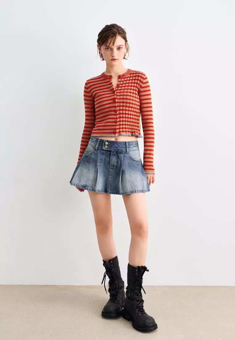 High Waist Washed Denim Double Button Pleated Skirt