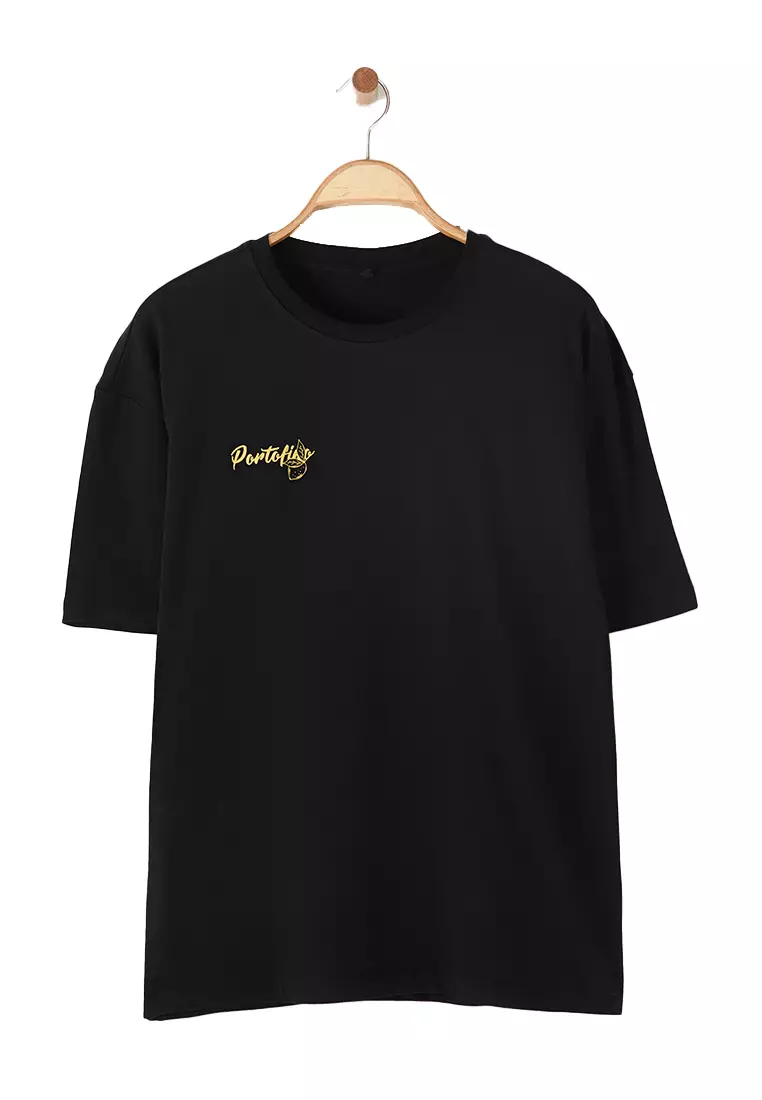 Black Oversized/Wide Cut Back Lemon Printed T-Shirt