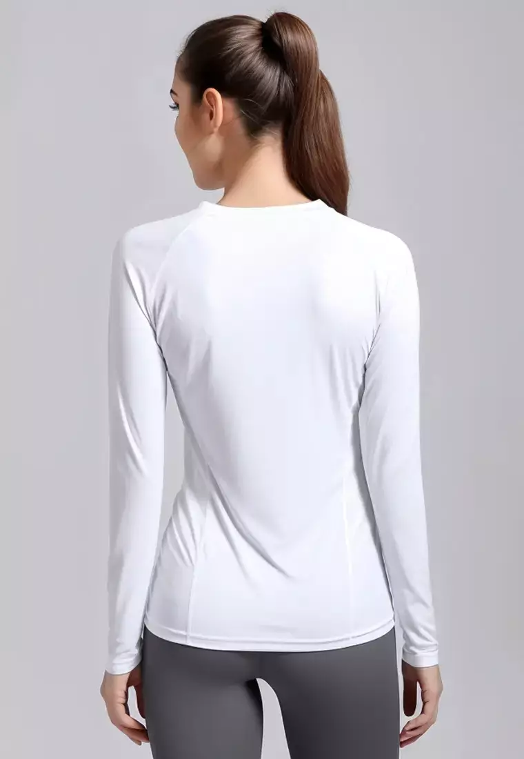 LSD23 atasan gym wanita lengan panjang bahan jersey stretch "one point" putih