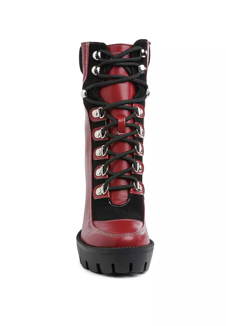 High Heel Lace-Up Biker Boot in Burgundy black