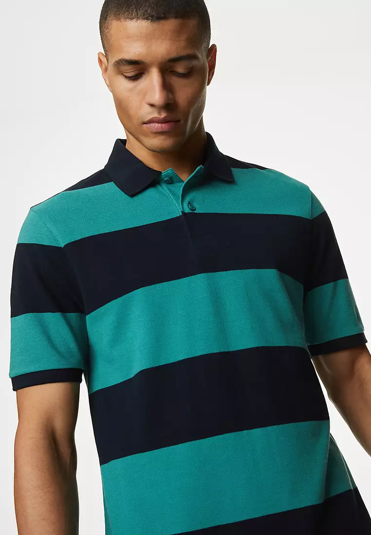 Pure Cotton Striped Pique Polo Shirt