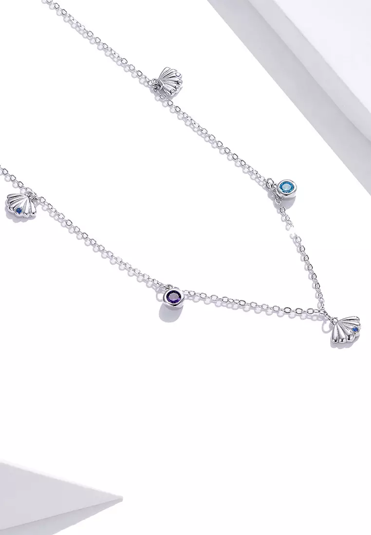 Solid 925 Sterling Silver Cubic Zirconia Multicolour Crystals and Seashells Necklace
