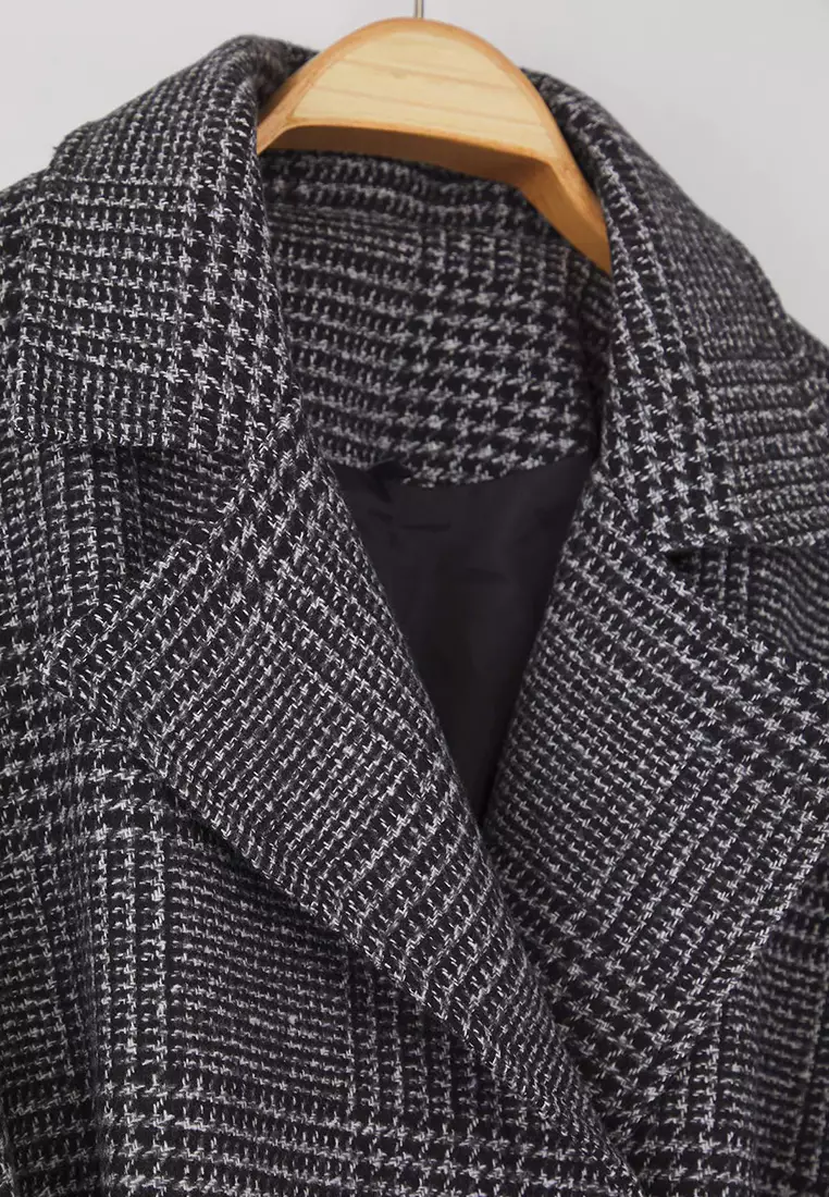 Dark Gray Plaid Pattern Regular Fit Belted Cashmere Slim Plus Size Jacket Coats