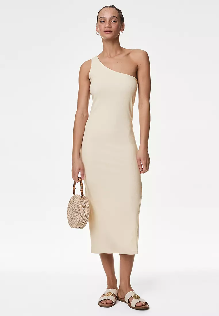 Jersey Ribbed One Shoulder Midi Beach Dress