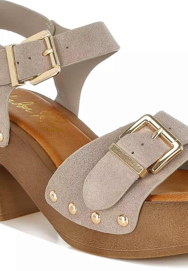 Real Suede Leather Clog Sandals In Beige