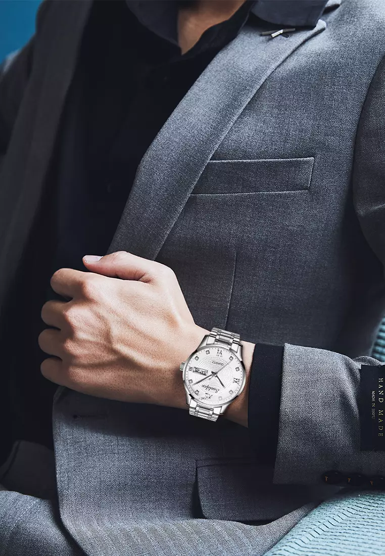 Jam Tangan Pria Original 9011 Anti Air Kuarsa Jam Pria Calendar Tali Stainless Steel Jam Tangan Cowok silver white