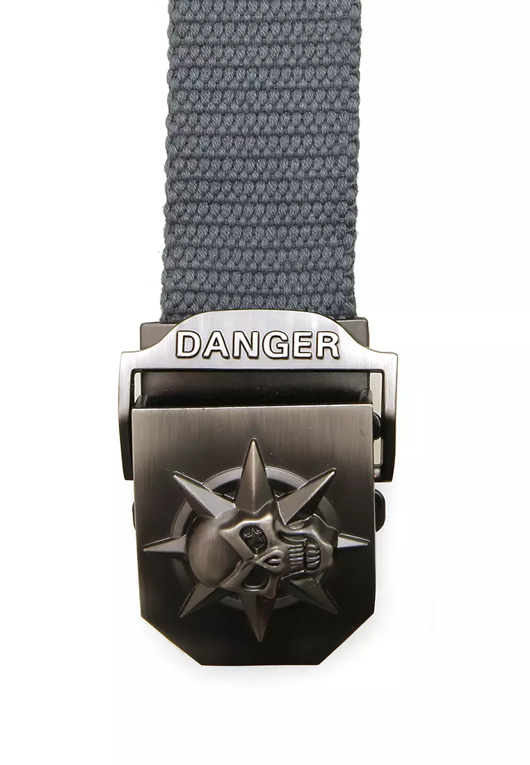 Ilo Aksesoris Fashion Pria Casual Belt Desain Buckle Skull Ikat Pinggang Material Canvas ORIGINAL - Gray