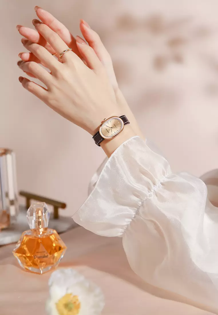 Jam Tangan Wanita Anggun Kuarsa Tali Kulit Gaya Antik Korea Jam Tangan Cewek SL6083 Coffee