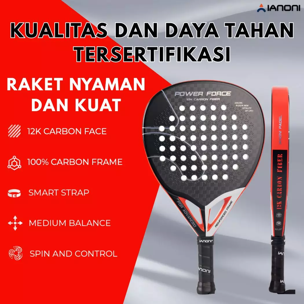 Raket Padel Ianoni Power Force Red Original Carbon 12K EVA Core Ringan Permukaan Bertekstur GRATIS tas