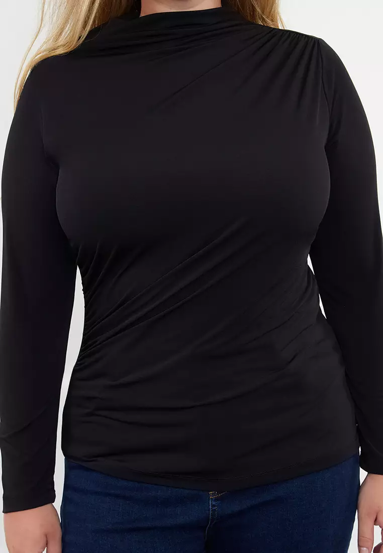 Black Stand Collar Gather Detail Body Fitting Knitted Plus Size Blouse Tbbaw25Af00014