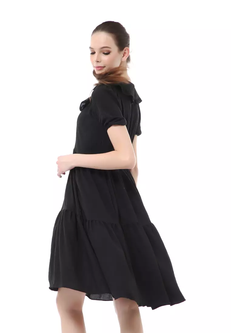 Rachel Dress Rample Wanita Collar Vintage Button Layer Trap Lengan Pendek Material Cey Flow ORIGINAL - Black