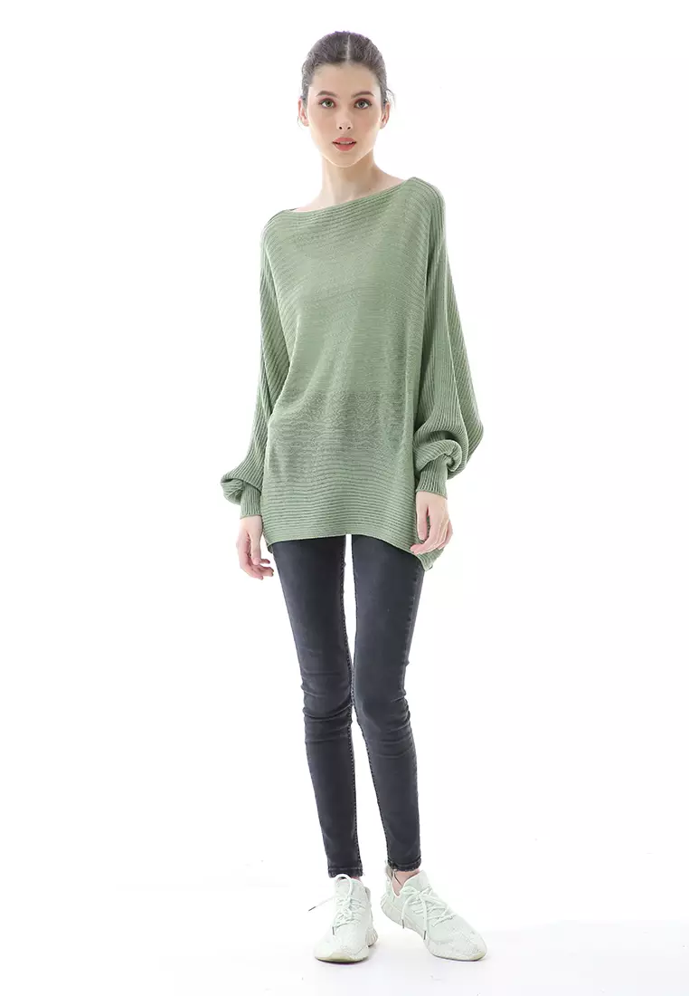 Eveline Sweater Rajut Batwing Atasan Wanita Motif Polos High Quality - Hijau Mint