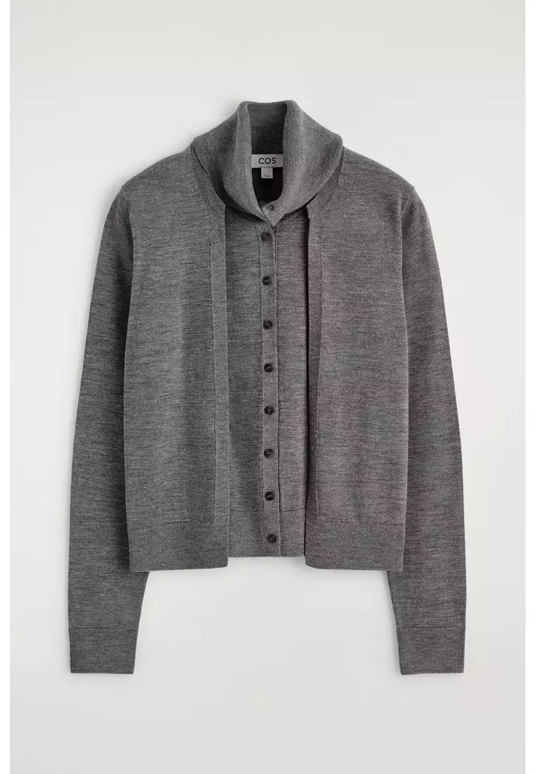 LAYERED MERINO WOOL HIGH-NECK CARDIGAN