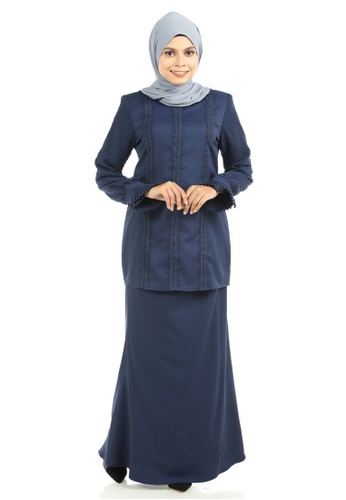 Syabila Kurung With Puff Sleeves and Pleated Wristband from Ashura in Blue and Navy