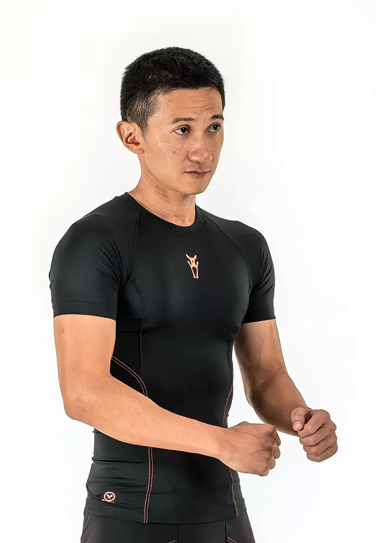 Amnig Men Diligent Compression Short Sleeve Top (Black/Orange)