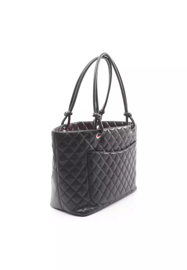 Pre-Loved Chanel Cambon line Large Shoulder bag tote bag leather black silver hardware