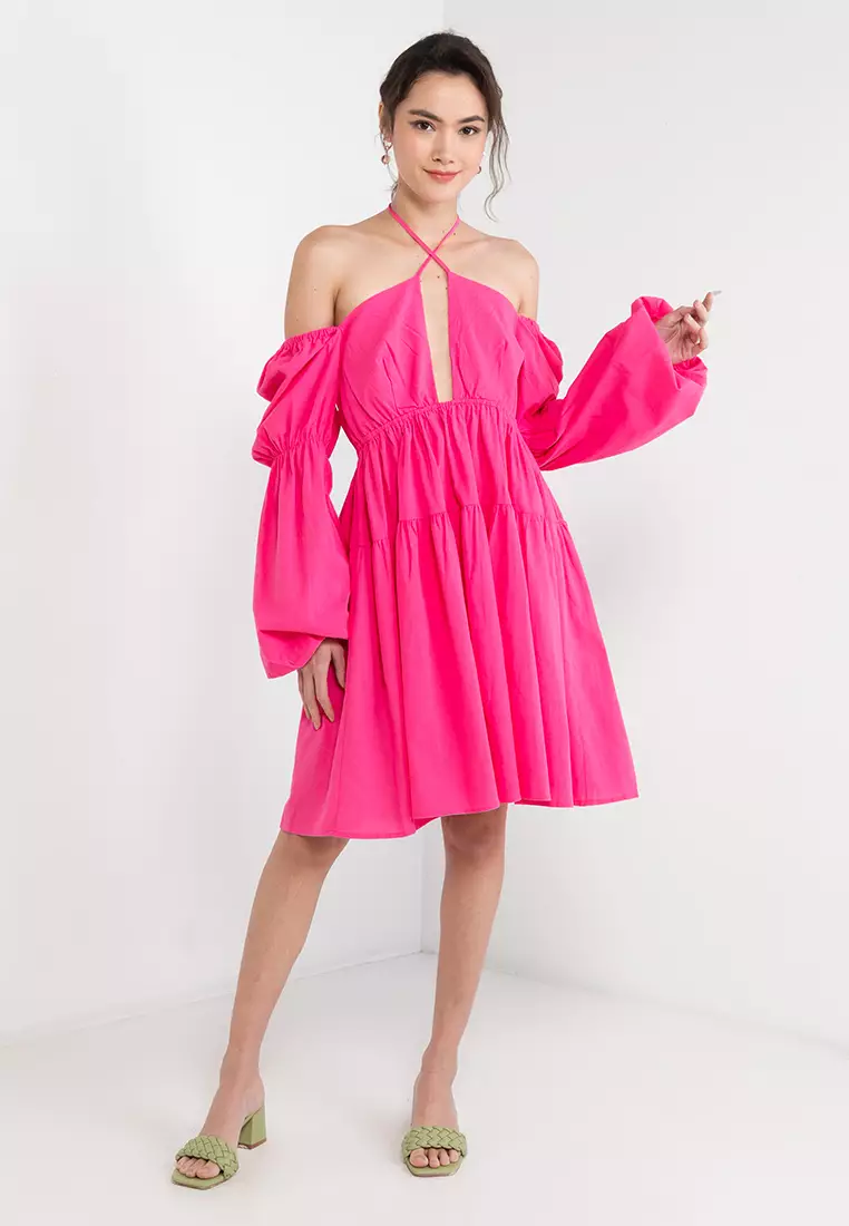 Buy KNUE Off Shoulder Halter Mini Dress 2023 Online | ZALORA Singapore