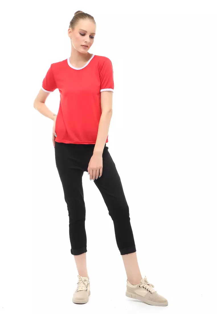 Kaos Oversize List Short Sleeves Design Simple Relaxed Fit - Merah