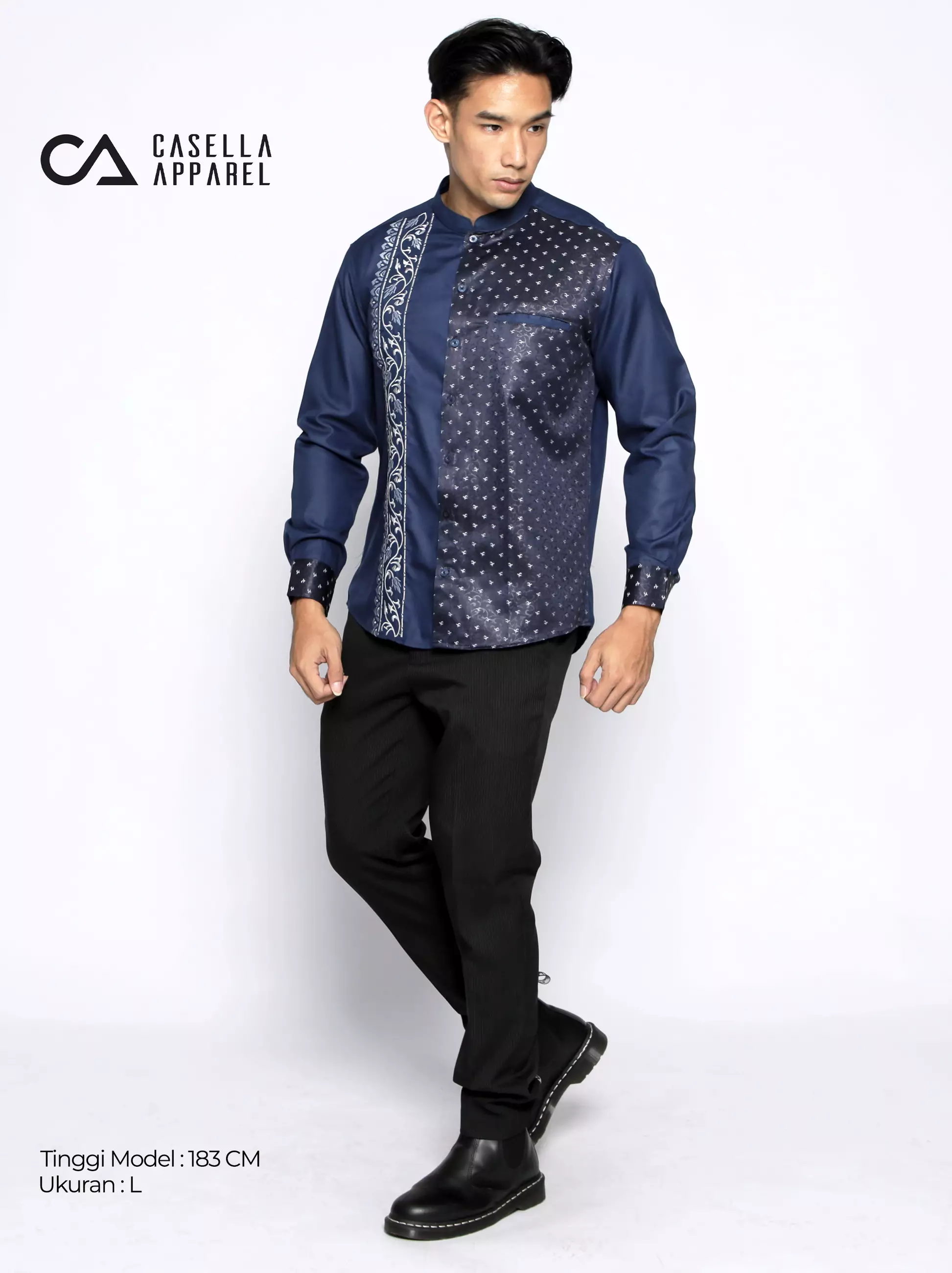 Casella Baju Koko Pria Lengan Panjang Premium | Baju Koko Batik Riyadh Arabesque 9924 Navy