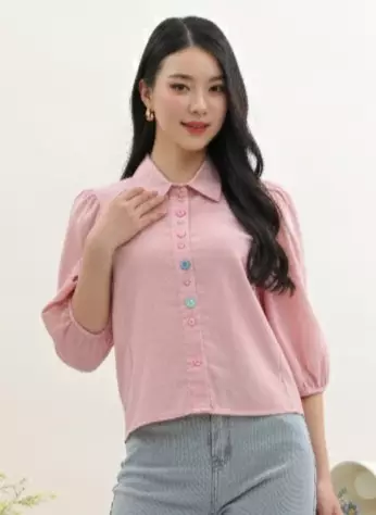 Rainbow Heart Button Puff Sleeve Shirt in Pink
