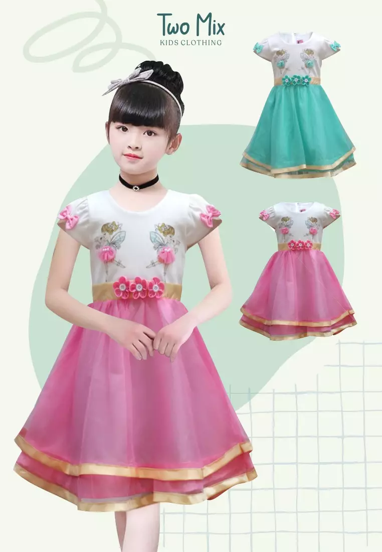 Two Mix Dress Anak Pesta Perempuan Cantik usia 1-12 Tahun Bahan Kaos Scuba dan Satin 4213 PINK