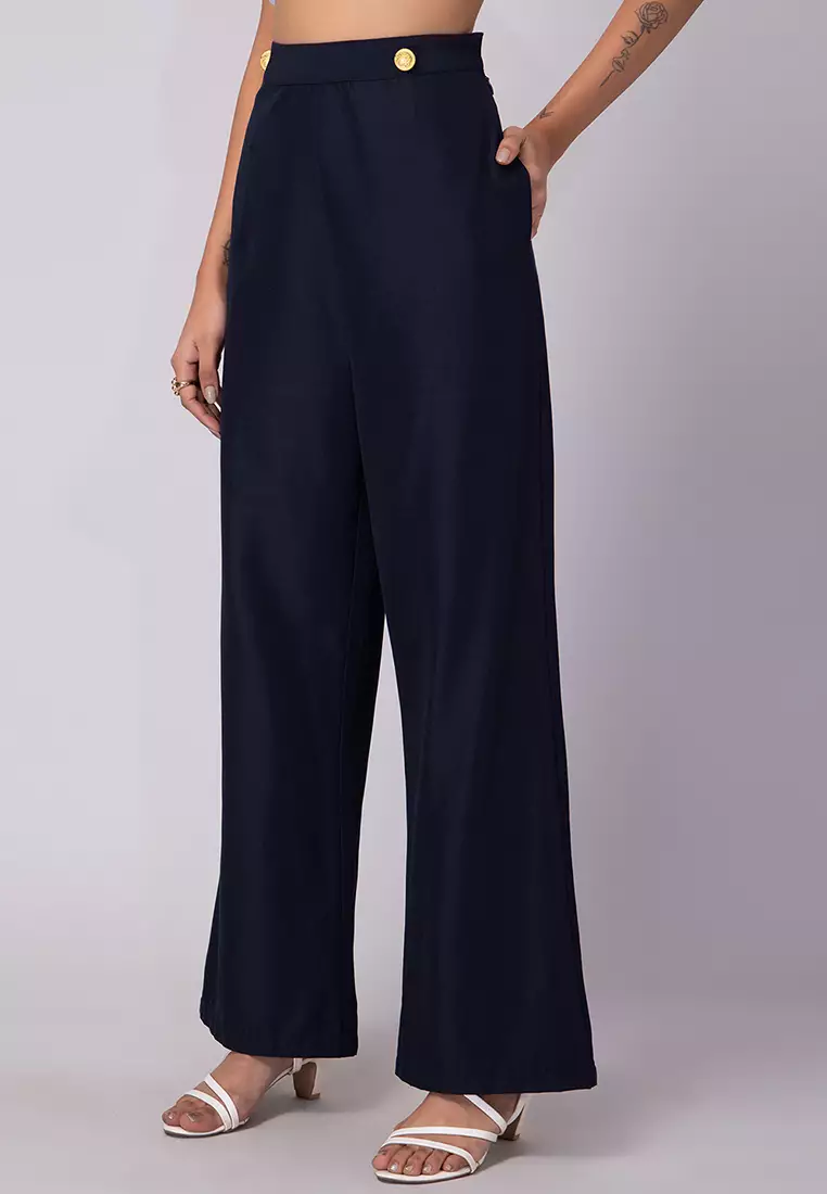 Navy Blue Side Button High Waist Straight Pants