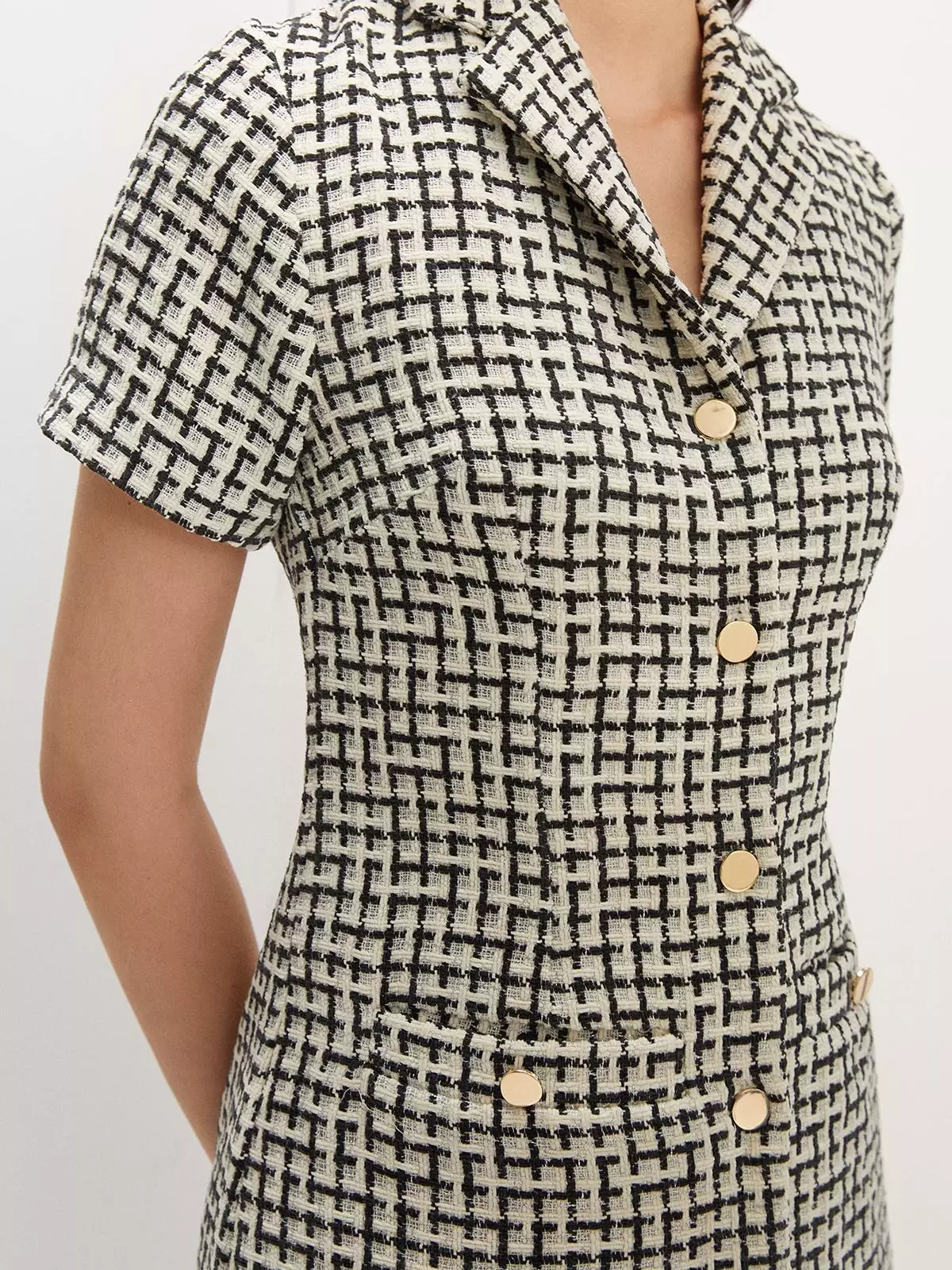 Tweed Short Sleeve Button Mini Dress - White