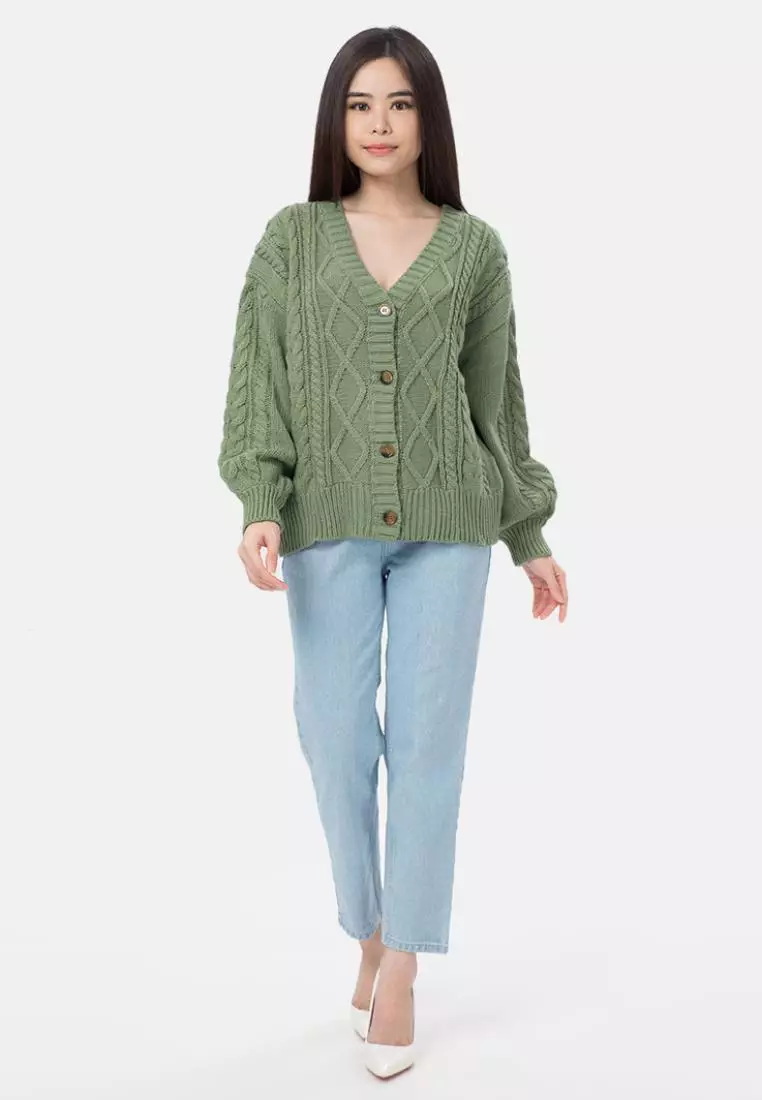 Cable Knit Cardigan in Green