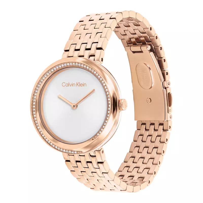Jam Tangan Wanita Calvin Klein Twisted Bezel 25100038 Sunray Silver Dial Rose Gold Stainless Steel Strap