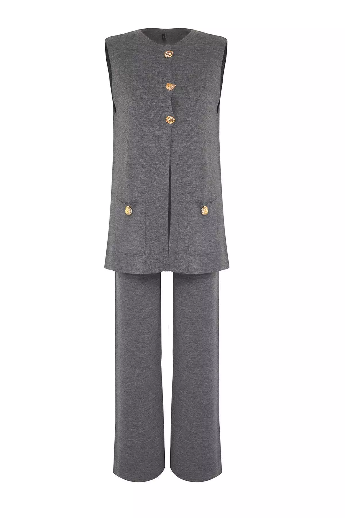 Anthracite Wide Fit Button Detailed Vest Pants Knitwear Top And Bottom Set