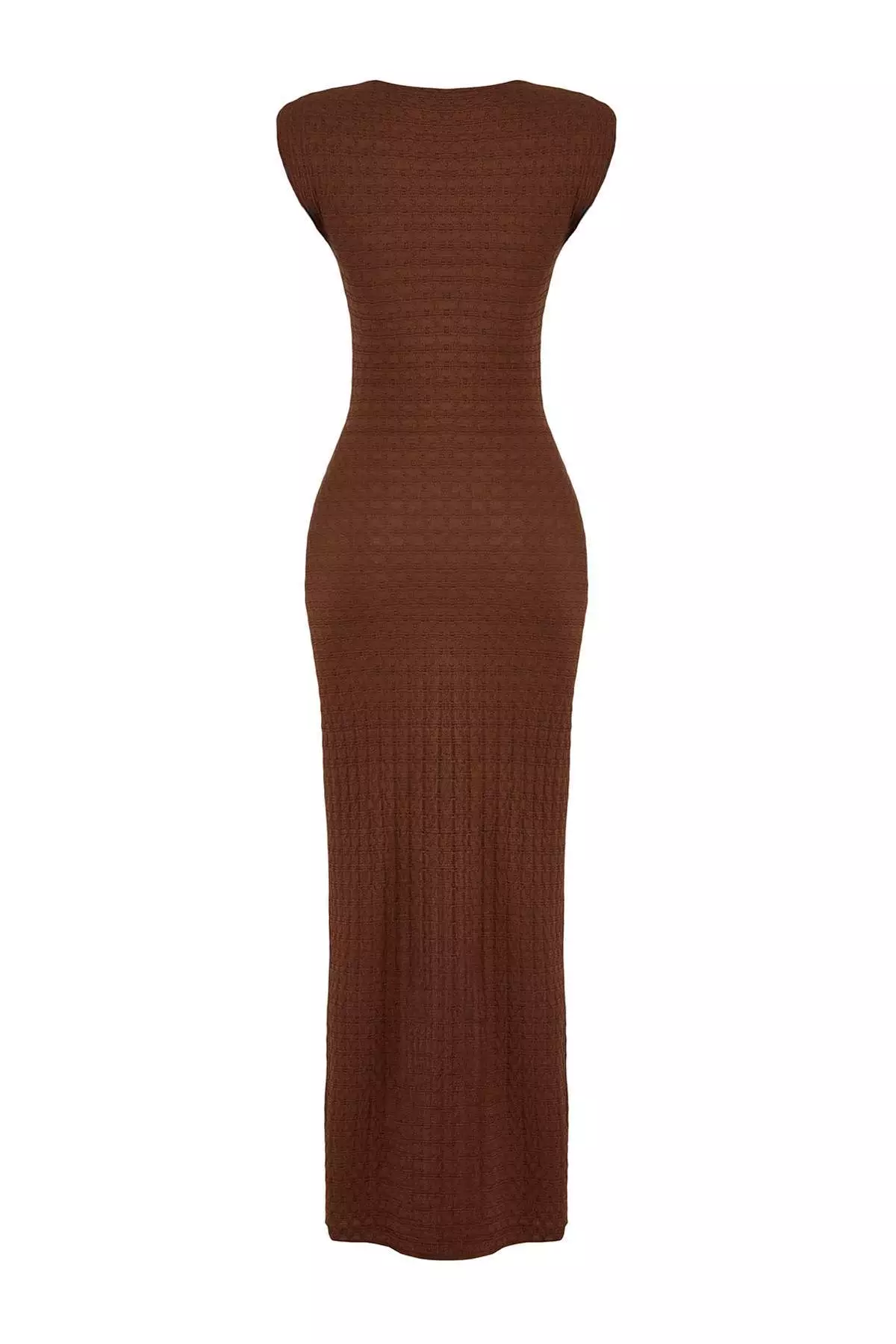 Brown Textured Fitted/Slim Fit Moon Sleeve Stretch Knitted Midi Pencil Dress