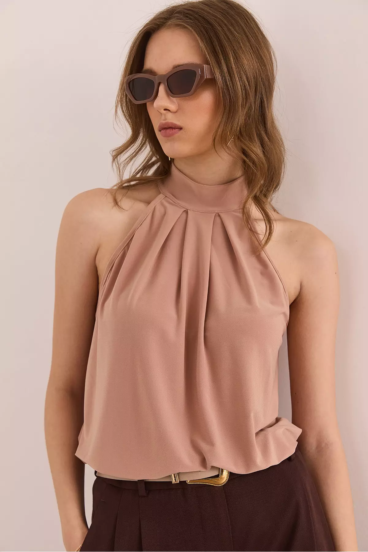 Women's Camel Collar Buttoned Halter Neck Flowy Blouse Blz- 19002673