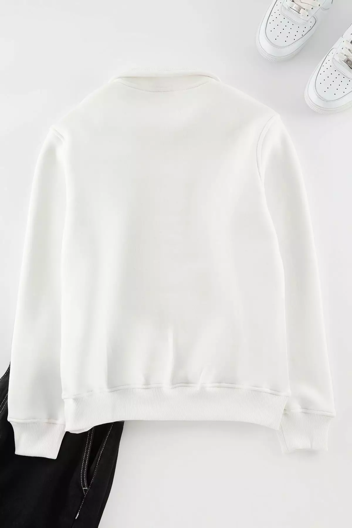 Ecru Regular/Normal Cut Stand Collar Zippered Inside Polar Fleece/Warm Basic Sweatshirt TMNAW24SW00041