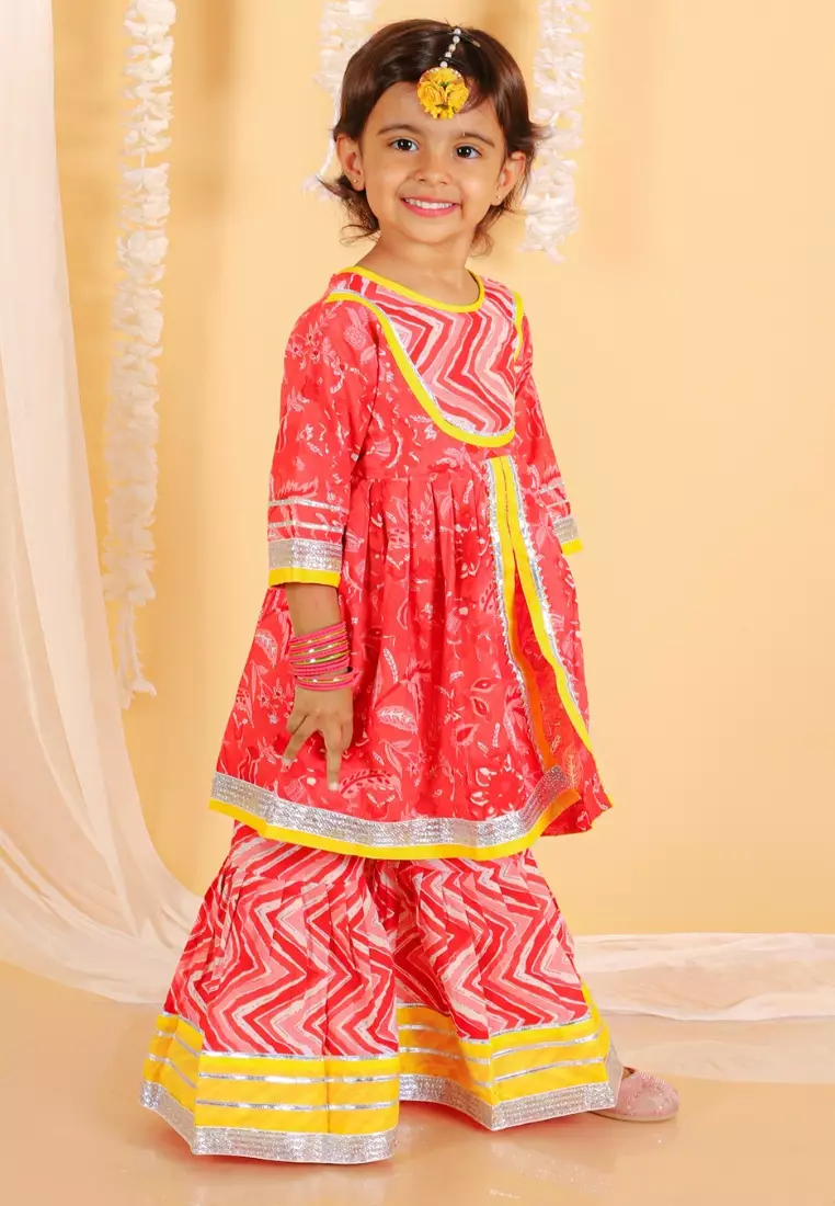 Deep Red Girls Anarkali Kurta Sharara Set
