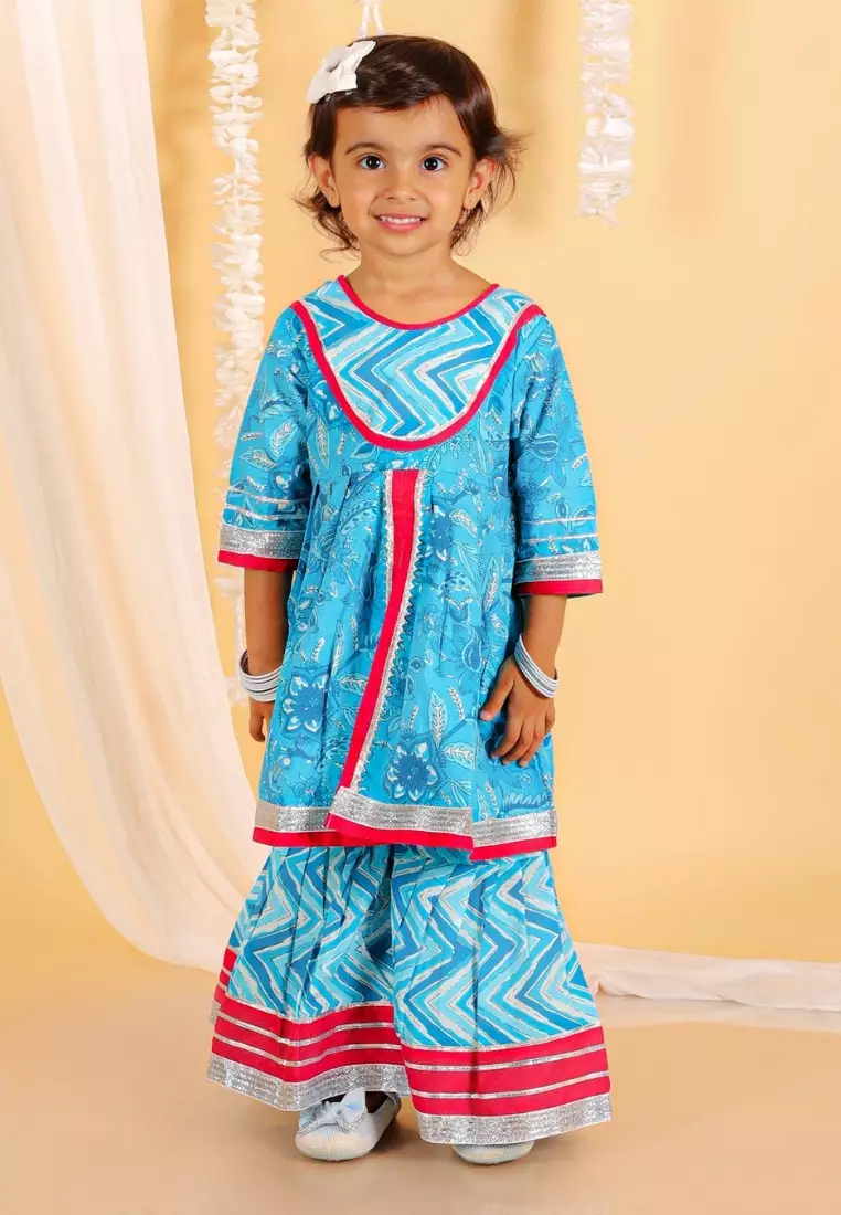 Ocean Blue Girls Anarkali Kurta Sharara Set