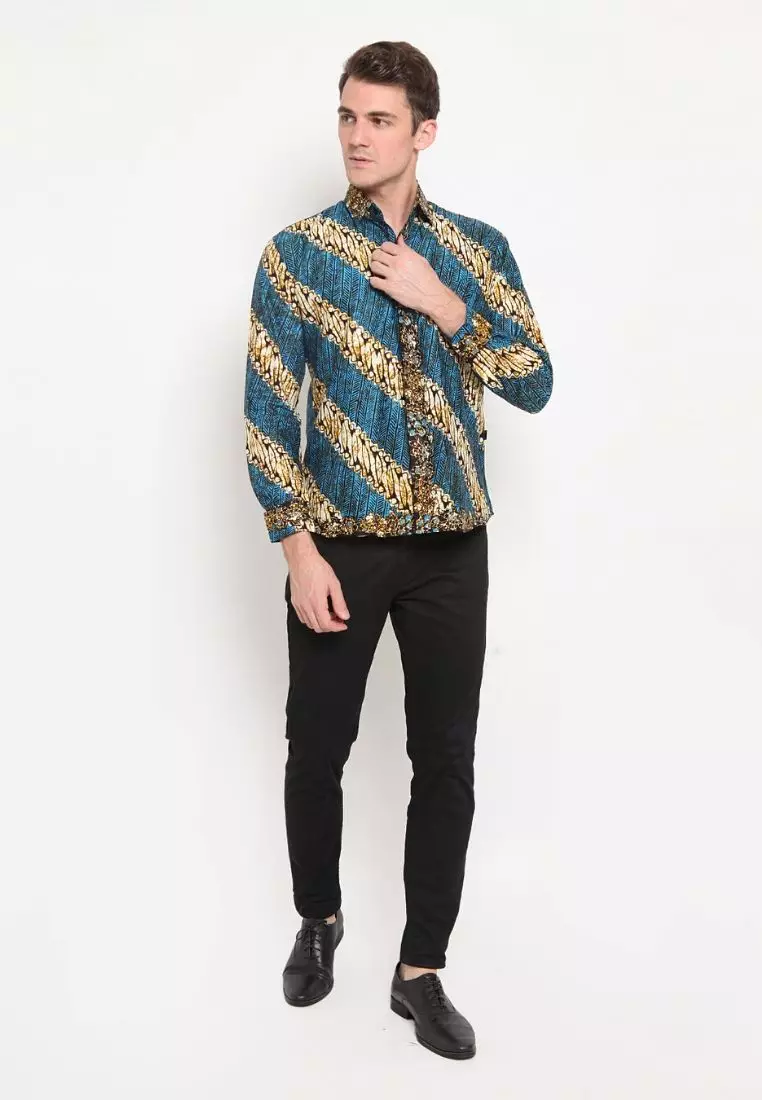 Kemeja Batik Pria Premium Slimfit Elegant Modern Lengan Panjang Parang Biru