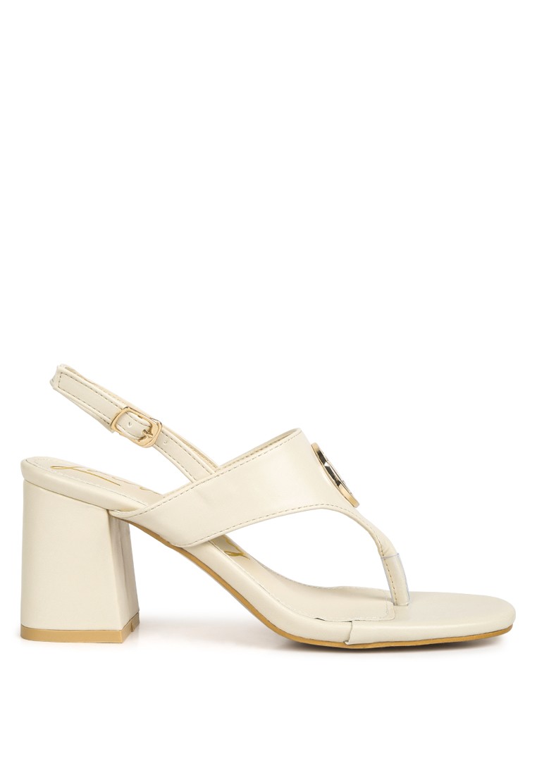 Beige Block Heel Thong Sandals