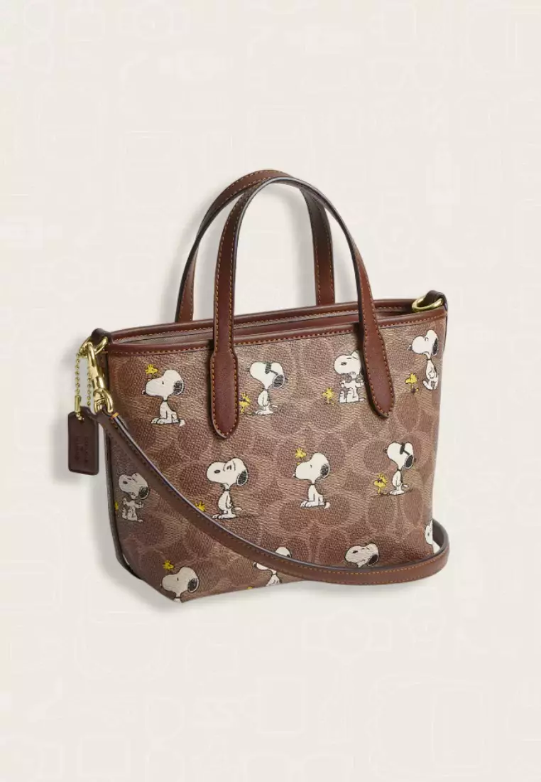 Coach X Peanuts City Mini Tote Bag In Signature Canvas With Snoopy Print Tan Brown Multi