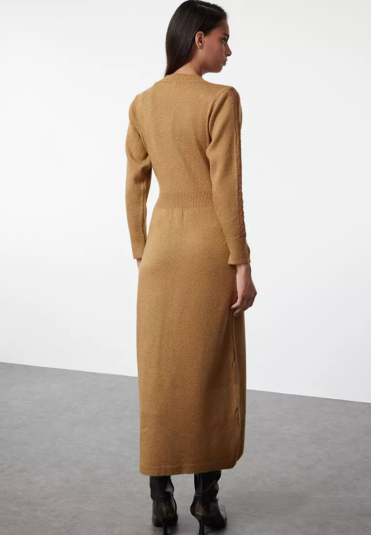 Beige Lace Detailed Soft Textured Knitwear Dress Tctaw25Eb00015