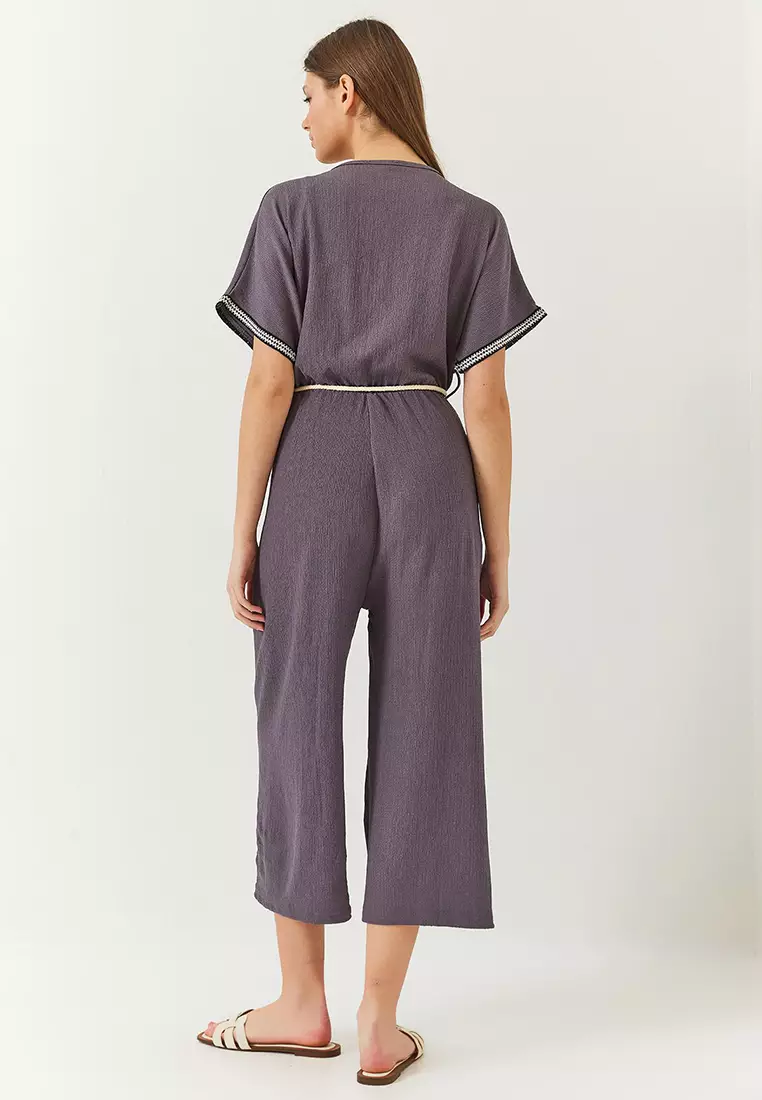 Women's Double Breasted Collar Sleeve Detail Elastic Waist Belted Crinkle Jumpsuit 60261418