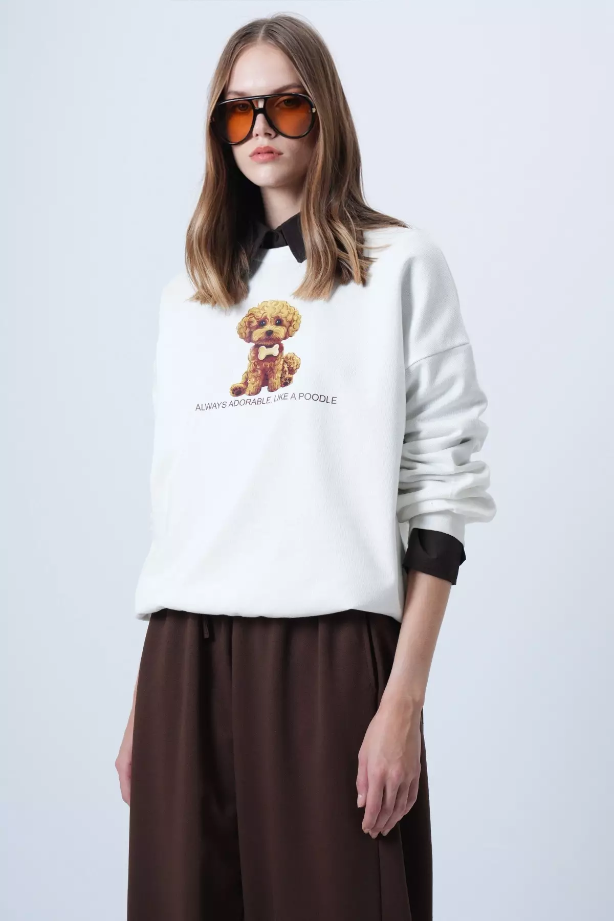 Women'S Ecru Front Printed Oversize Cotton Sweatshirt Alc-X14651