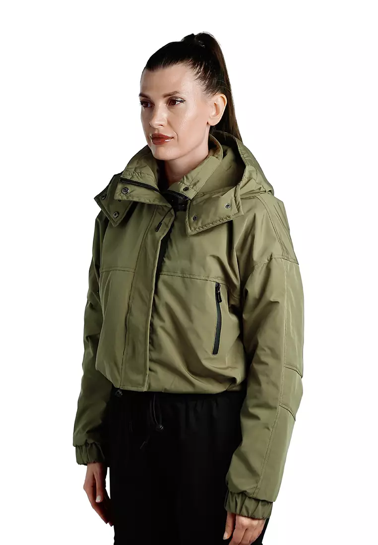 Drawstring Cropped Woven Jacket in Olive
