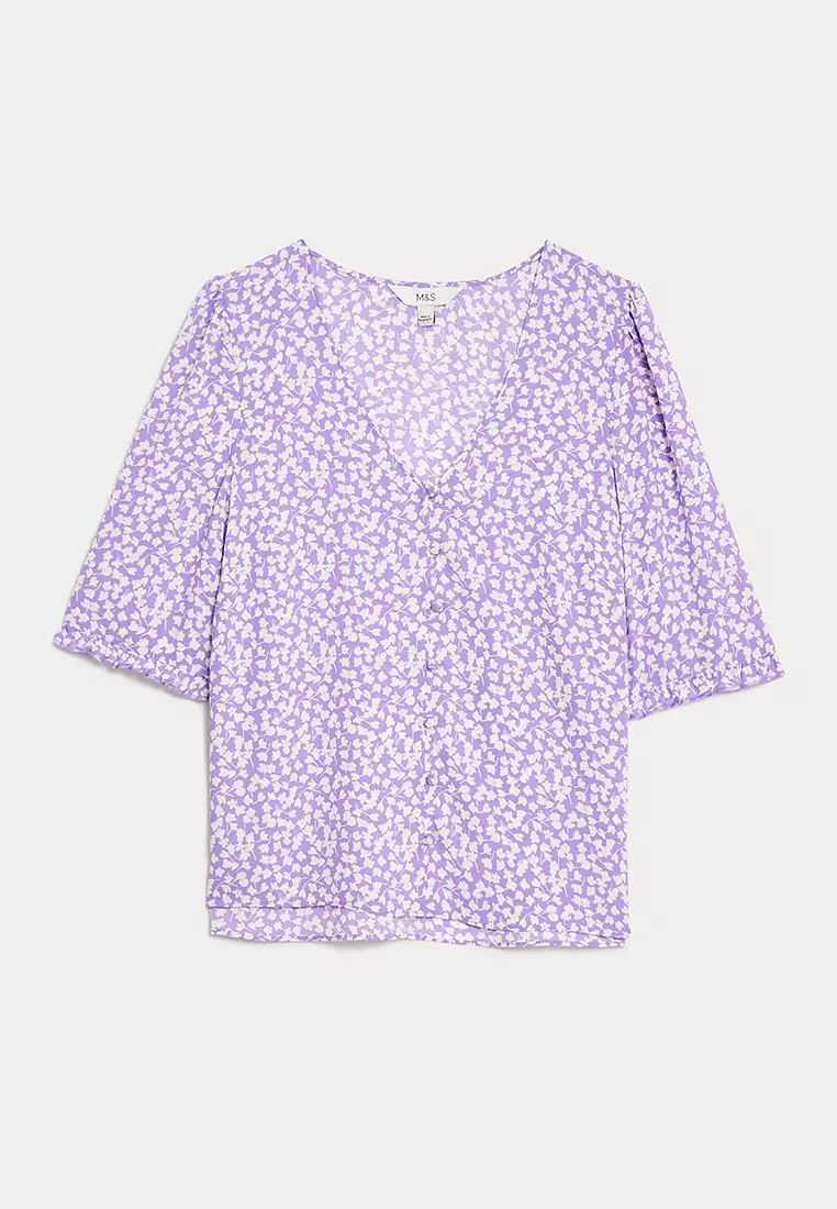 Printed V-Neck Puff Sleeve Blouse