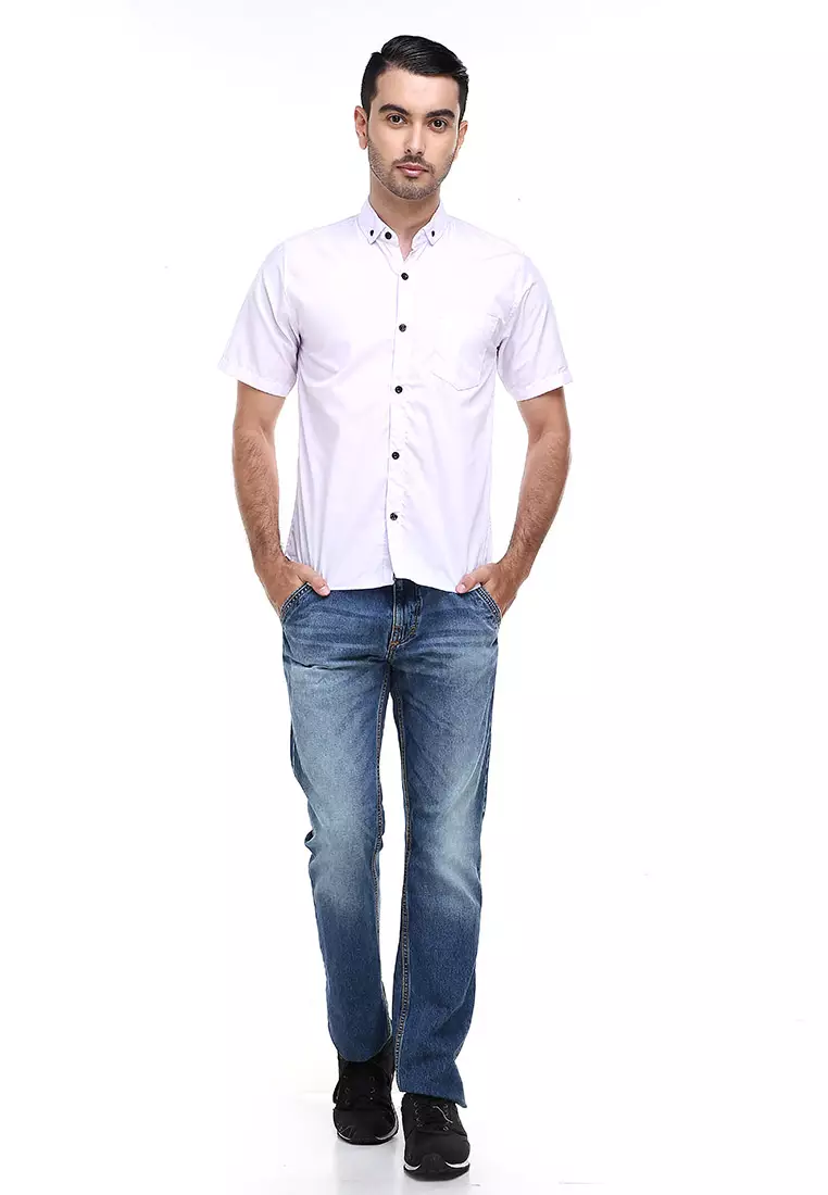 Dwan Casual Shirt Kemeja Polos Pria Lengan Pendek Kasual Formal Material Cotton ORIGINAL - White
