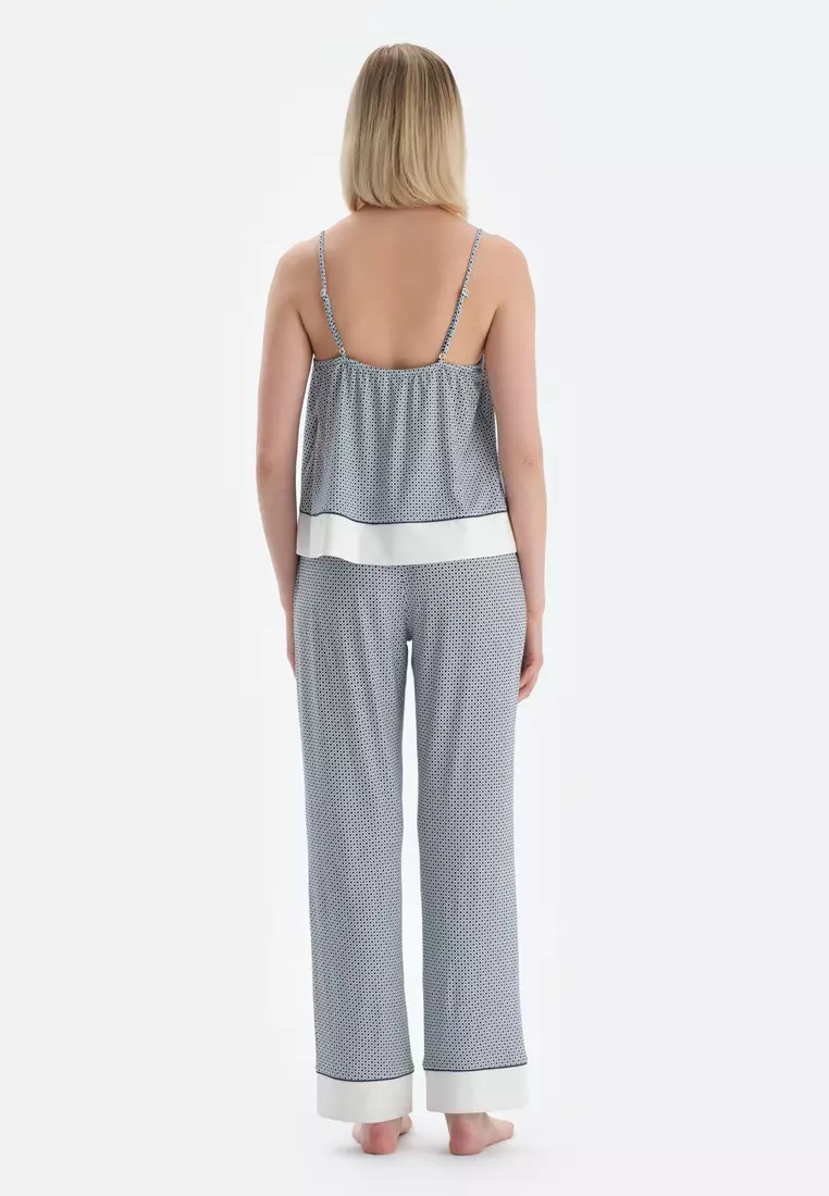 Navy Tanktop & Trousers, Geometric, V-Neck, Regular, Long Leg, Strappy Sleepwear for Women
