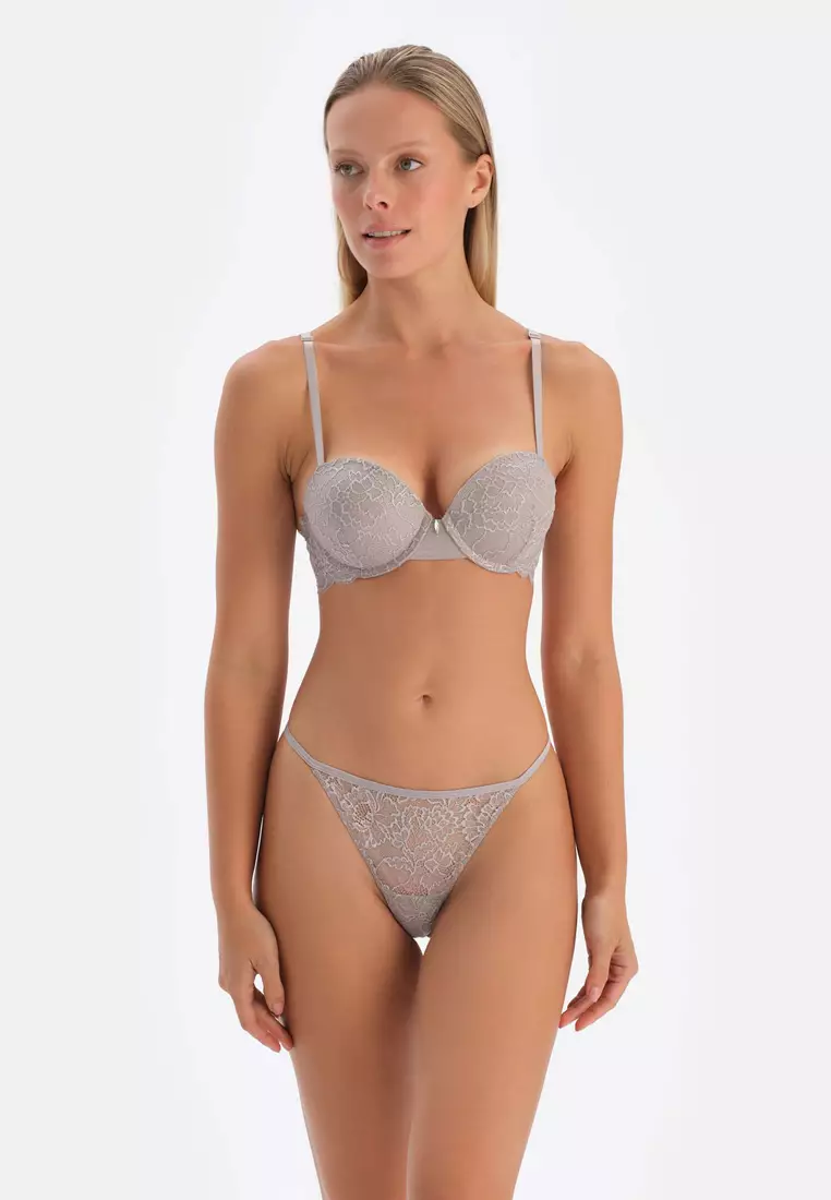 Light Grey Push-Up Bra, Floral Printed, Underwire, Underwear for Women