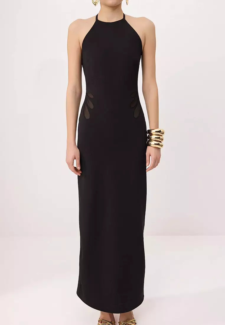 Black Plain Transparent Detailed Woven Finike Maxi Evening Dress & Graduation Dress Tprss26Ae82