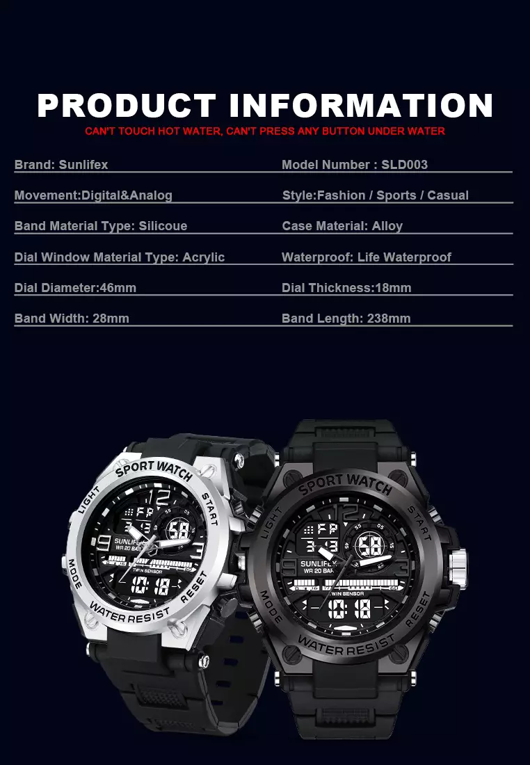 Jam Tangan Pria Digital&Analog Olahraga Multifungsi Tali Silikon Jam Tangan Cowok D003 black silver