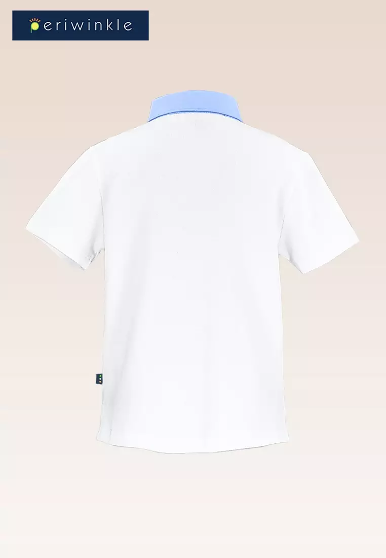 Imman Boys White Polo Pique With Chambray Collar